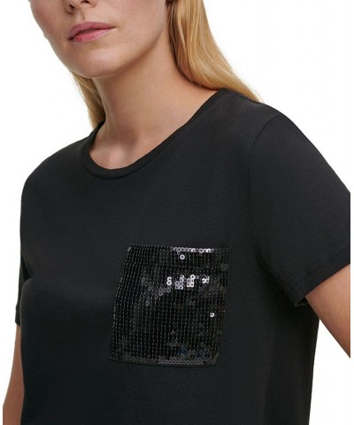 Short Sleeve Sequin Pocket T-Shirt Black $35.40 Tops