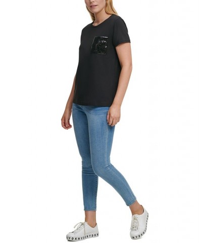 Short Sleeve Sequin Pocket T-Shirt Black $35.40 Tops