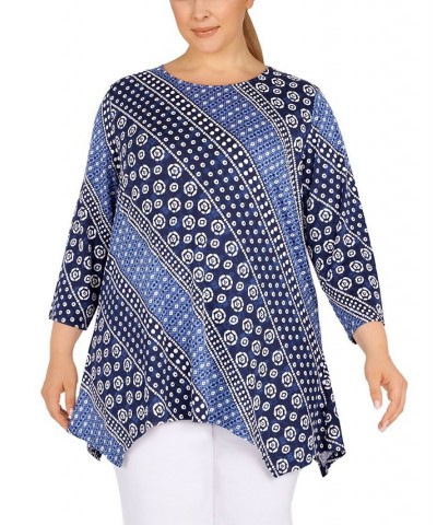 Plus Size Knit Diagonal Stripe Puff Print Top Blue $21.00 Tops