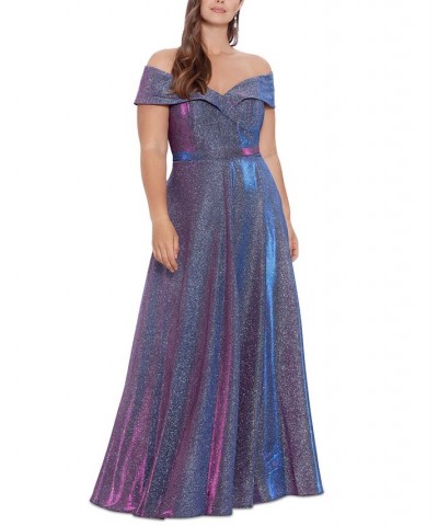 Plus Size Off-the-Shoulder Glitter Gown Fuschia $142.38 Dresses