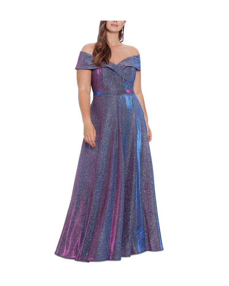 Plus Size Off-the-Shoulder Glitter Gown Fuschia $142.38 Dresses