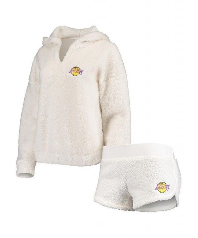 Women's Cream Los Angeles Lakers Fluffy Long Sleeve Hoodie Top and Shorts Sleep Set Cream $37.50 Pajama