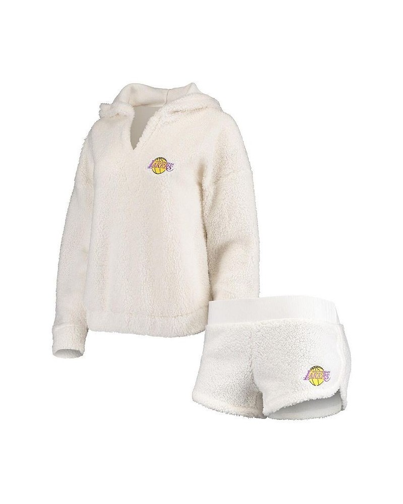 Women's Cream Los Angeles Lakers Fluffy Long Sleeve Hoodie Top and Shorts Sleep Set Cream $37.50 Pajama