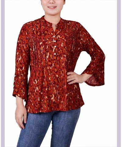 Petite 3/4 Sleeve Overlapped Bell Sleeve Y-neck Top Rust Gold-Tone Purple $15.36 Tops