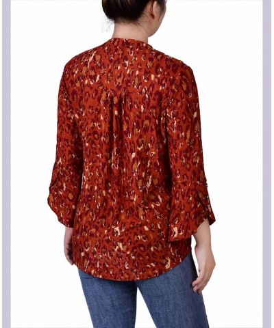 Petite 3/4 Sleeve Overlapped Bell Sleeve Y-neck Top Rust Gold-Tone Purple $15.36 Tops