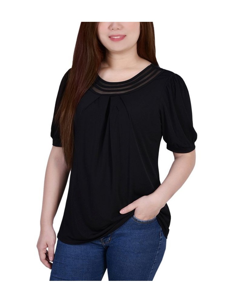 Women's Short Puff Sleeve Sheer Inset Top Black $15.50 Tops