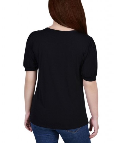 Women's Short Puff Sleeve Sheer Inset Top Black $15.50 Tops