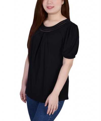 Women's Short Puff Sleeve Sheer Inset Top Black $15.50 Tops