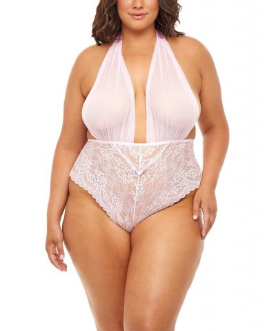 Plus Size Aria Mesh Plunge Halter Teddy Pink Tulle $21.24 Lingerie
