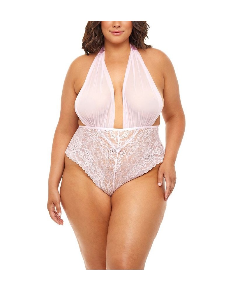 Plus Size Aria Mesh Plunge Halter Teddy Pink Tulle $21.24 Lingerie