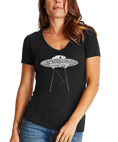 Women's Word Art Flying Saucer UFO V-Neck T-Shirt Black $19.24 Tops