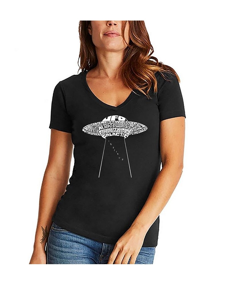 Women's Word Art Flying Saucer UFO V-Neck T-Shirt Black $19.24 Tops