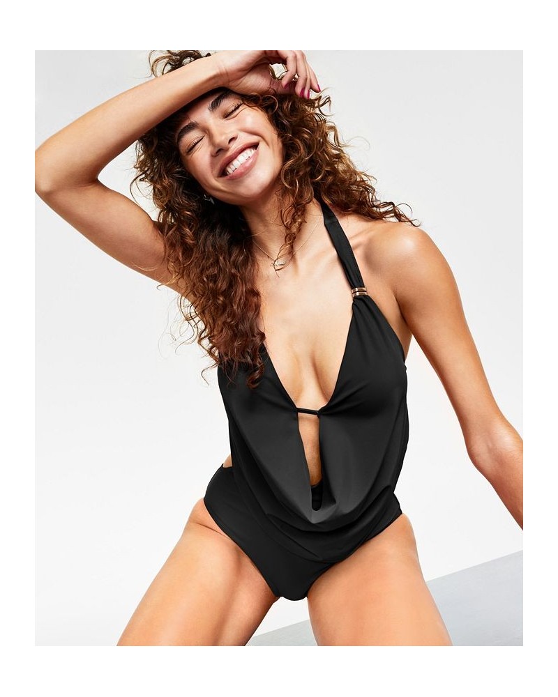 Solid Cowlneck One-Piece Swimsuit Black $43.12 Swimsuits