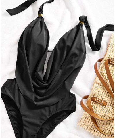 Solid Cowlneck One-Piece Swimsuit Black $43.12 Swimsuits