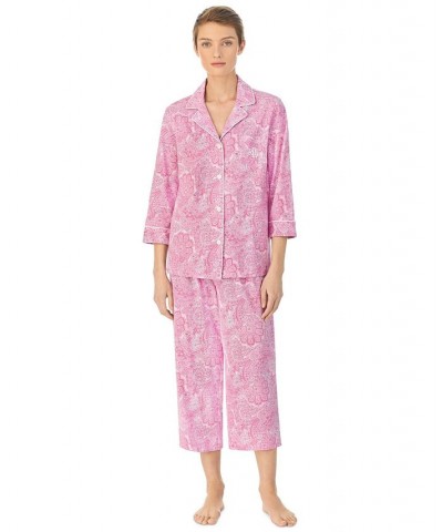 Womens 3/4 Sleeve Cotton Notch Collar Capri Pant Pajama Set 3/4 Capri Pj $38.22 Sleepwear