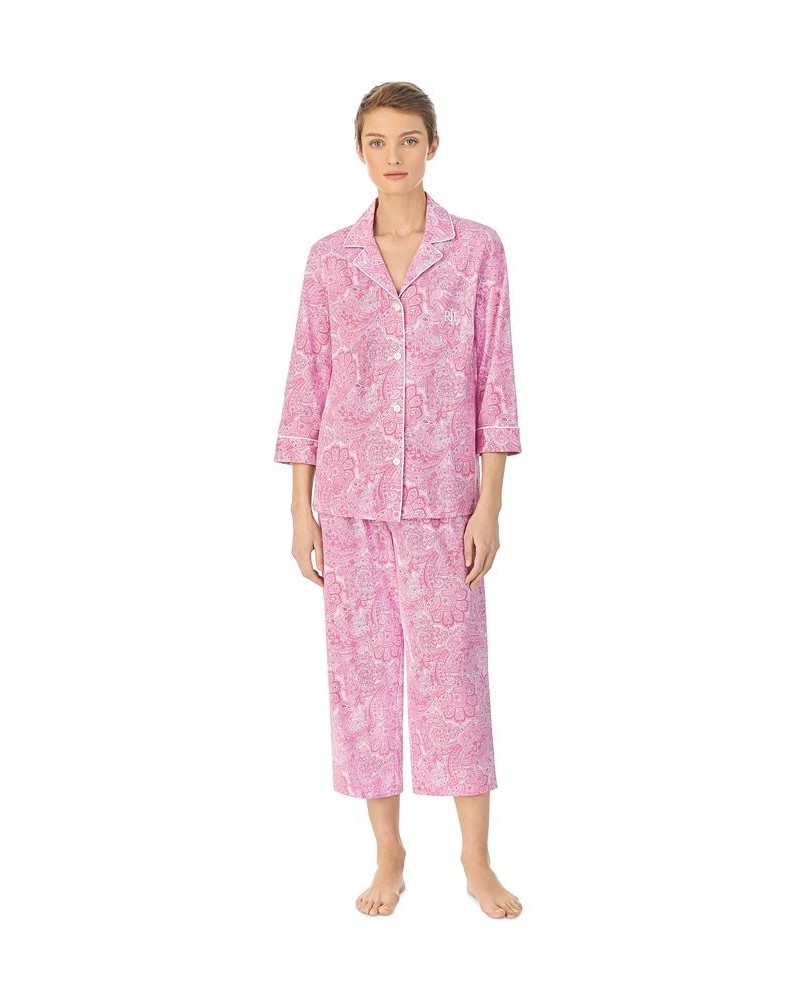 Womens 3/4 Sleeve Cotton Notch Collar Capri Pant Pajama Set 3/4 Capri Pj $38.22 Sleepwear