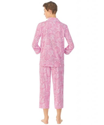 Womens 3/4 Sleeve Cotton Notch Collar Capri Pant Pajama Set 3/4 Capri Pj $38.22 Sleepwear