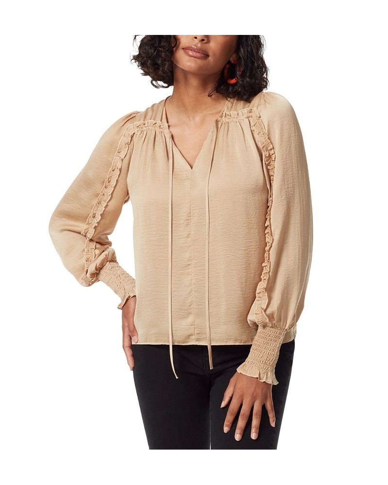 Women's Varick Hammered-Satin Smocked-Cuff Tie-Neck Blouse Gold $26.63 Tops