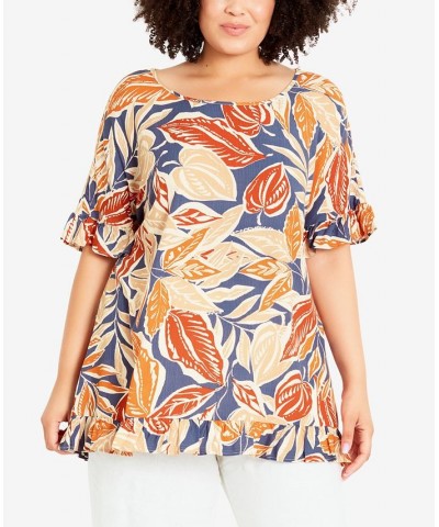 Plus Size Rivka Frill Print Top Spiced Leaves $28.29 Tops