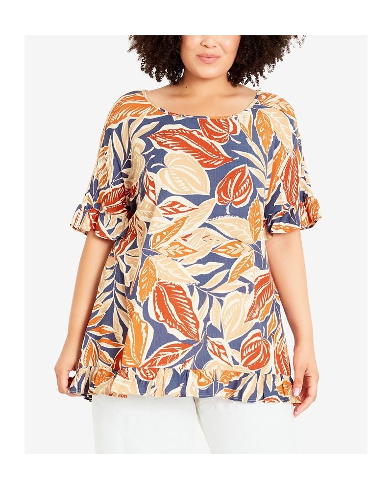 Plus Size Rivka Frill Print Top Spiced Leaves $28.29 Tops