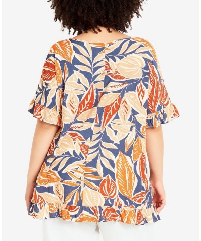 Plus Size Rivka Frill Print Top Spiced Leaves $28.29 Tops