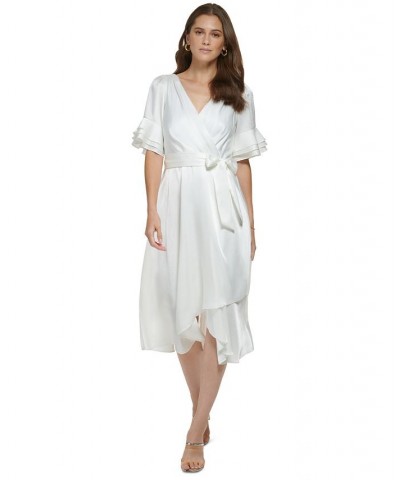 Women's V-Neck Ruffled-Sleeve Jacquard Dress Ivory $64.80 Dresses
