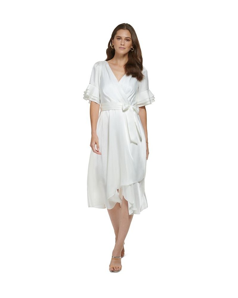 Women's V-Neck Ruffled-Sleeve Jacquard Dress Ivory $64.80 Dresses