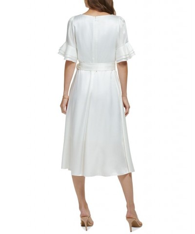 Women's V-Neck Ruffled-Sleeve Jacquard Dress Ivory $64.80 Dresses