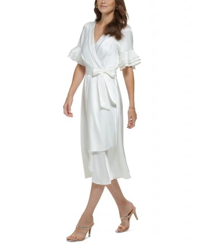 Women's V-Neck Ruffled-Sleeve Jacquard Dress Ivory $64.80 Dresses