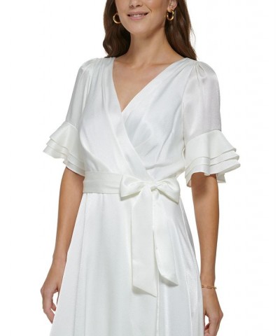 Women's V-Neck Ruffled-Sleeve Jacquard Dress Ivory $64.80 Dresses