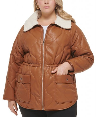 Women's Plus Size Quilted Faux-Leather Jacket Brown $76.00 Coats
