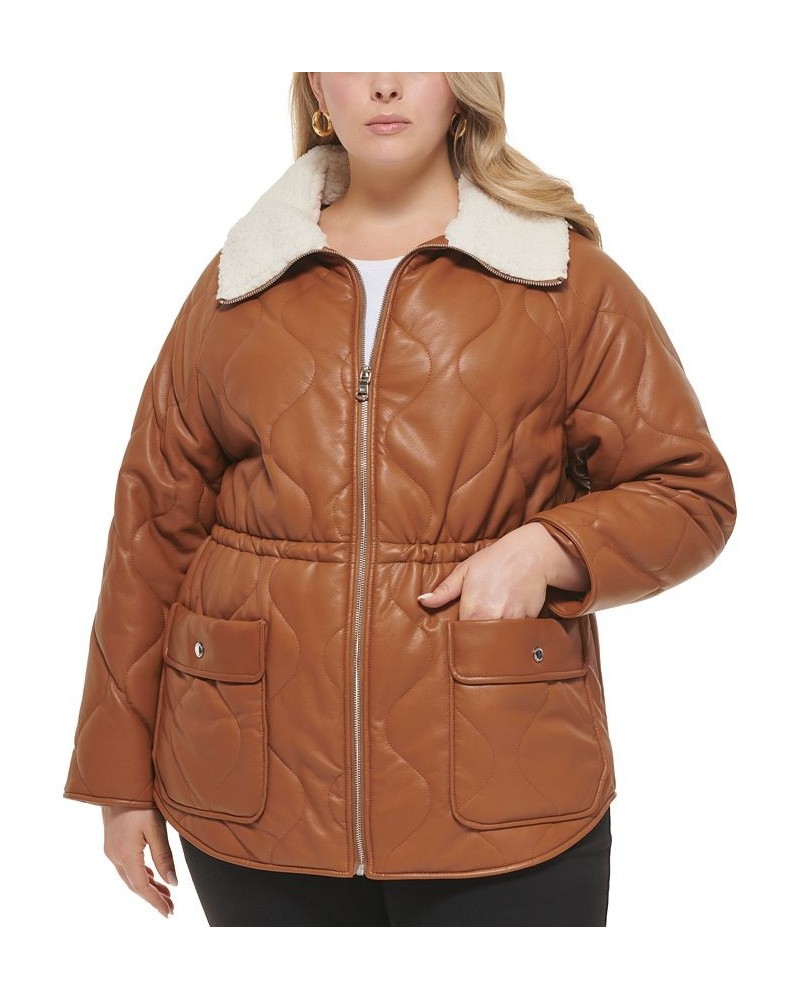 Women's Plus Size Quilted Faux-Leather Jacket Brown $76.00 Coats