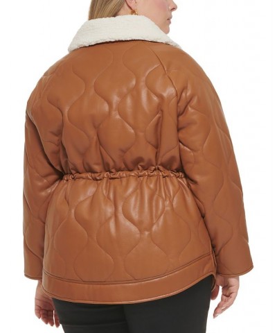 Women's Plus Size Quilted Faux-Leather Jacket Brown $76.00 Coats