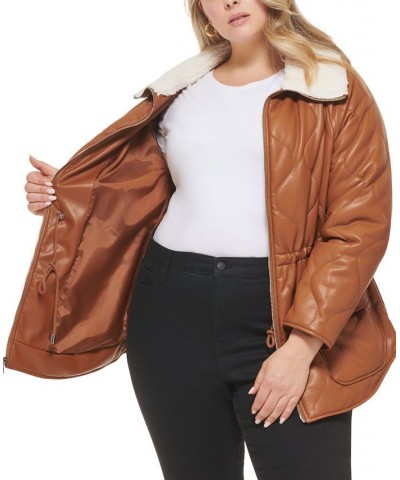 Women's Plus Size Quilted Faux-Leather Jacket Brown $76.00 Coats