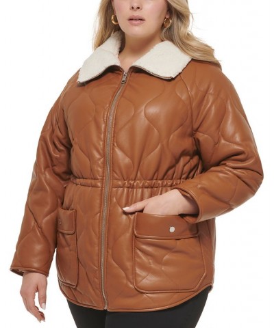 Women's Plus Size Quilted Faux-Leather Jacket Brown $76.00 Coats