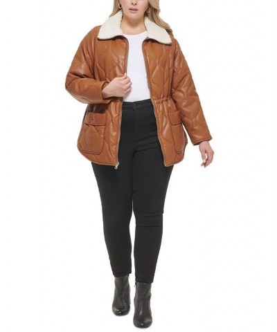 Women's Plus Size Quilted Faux-Leather Jacket Brown $76.00 Coats