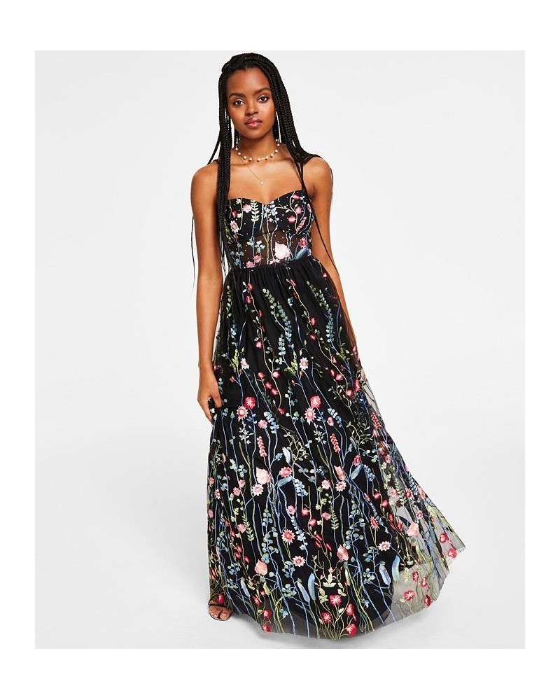 Juniors' Embroidered Illusion Corset Gown Black/Periwinkle $77.74 Dresses