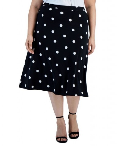 Plus Size Polka Dot-Print Midi Flared-Hem Skirt Black/Lily White $40.94 Skirts