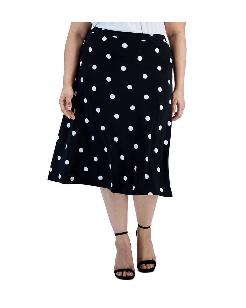 Plus Size Polka Dot-Print Midi Flared-Hem Skirt Black/Lily White $40.94 Skirts