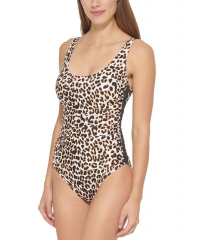 Women's Animal-Print Mesh-Stripe One-Piece Swimsuit Soft White Multi $39.96 Swimsuits