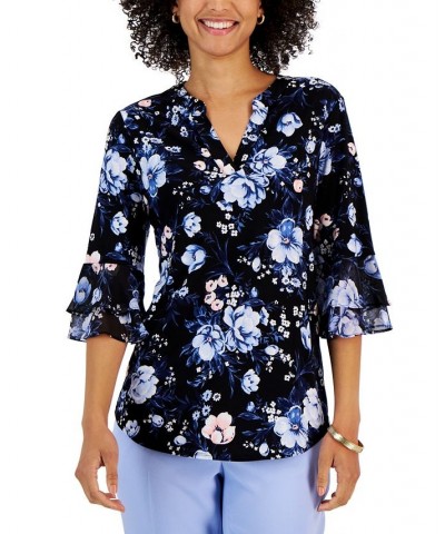 Women's Floral V-Neck Flutter-Sleeve Top Black Multi $24.63 Tops
