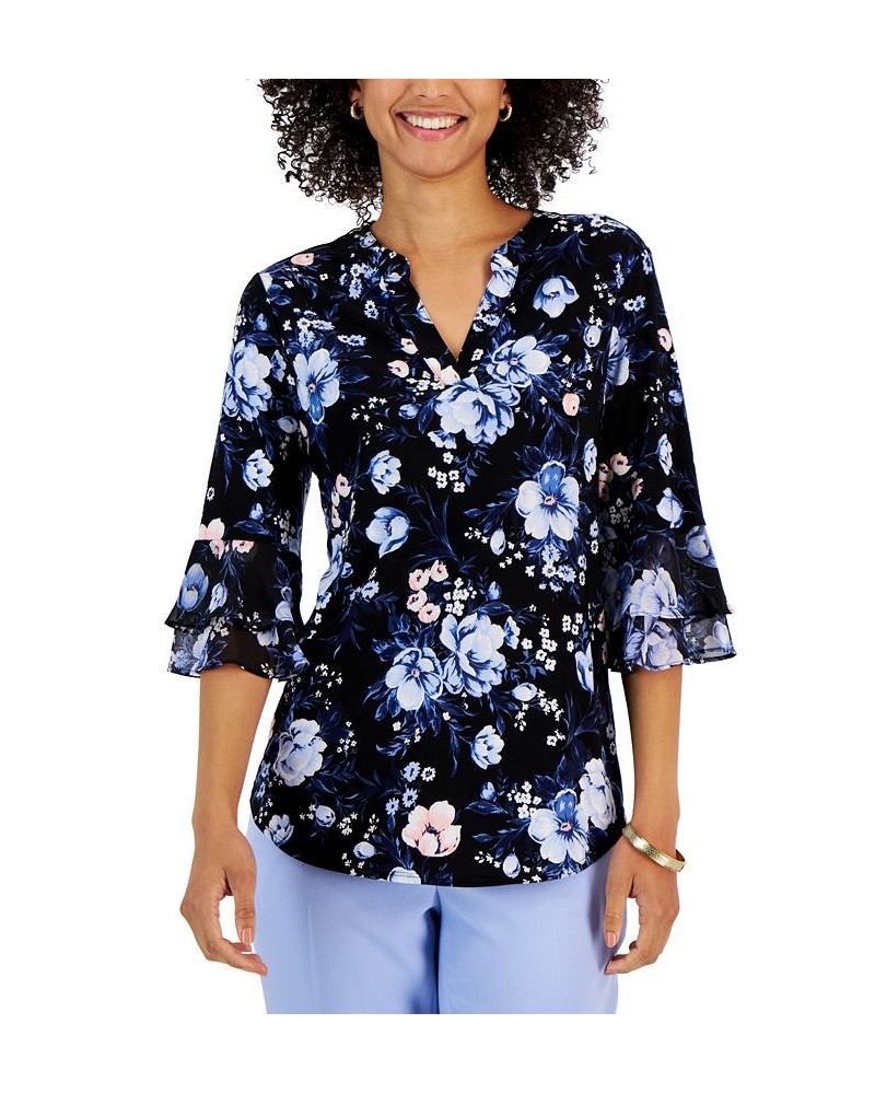 Women's Floral V-Neck Flutter-Sleeve Top Black Multi $24.63 Tops