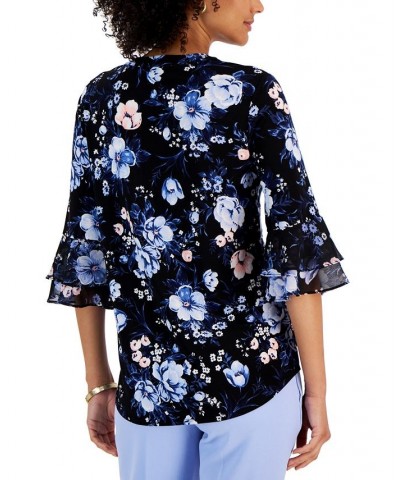 Women's Floral V-Neck Flutter-Sleeve Top Black Multi $24.63 Tops