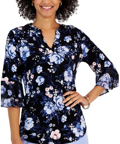 Women's Floral V-Neck Flutter-Sleeve Top Black Multi $24.63 Tops