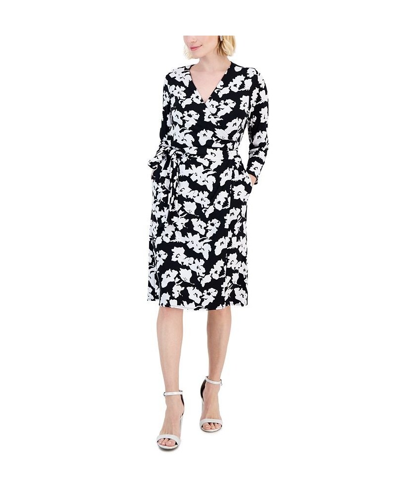 Petite Printed 3/4-Sleeve Wrap Dress Deep Black Abstract $22.62 Dresses