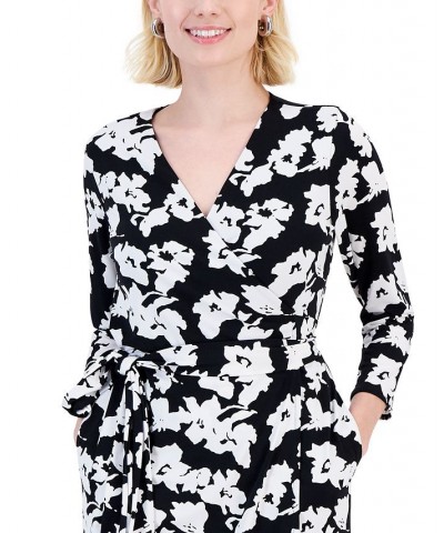 Petite Printed 3/4-Sleeve Wrap Dress Deep Black Abstract $22.62 Dresses