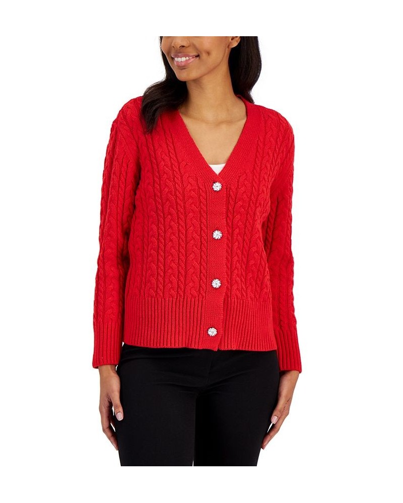 Women's Cable-Knit Jewel-Button Cardigan Red $49.50 Sweaters