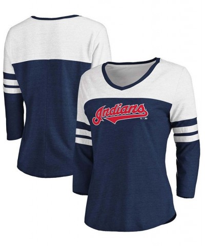 Women's Heathered Navy White Cleveland Indians Official Wordmark 3/4 Sleeve V-Neck Tri-Blend T-shirt Heather Navy $20.50 Tops