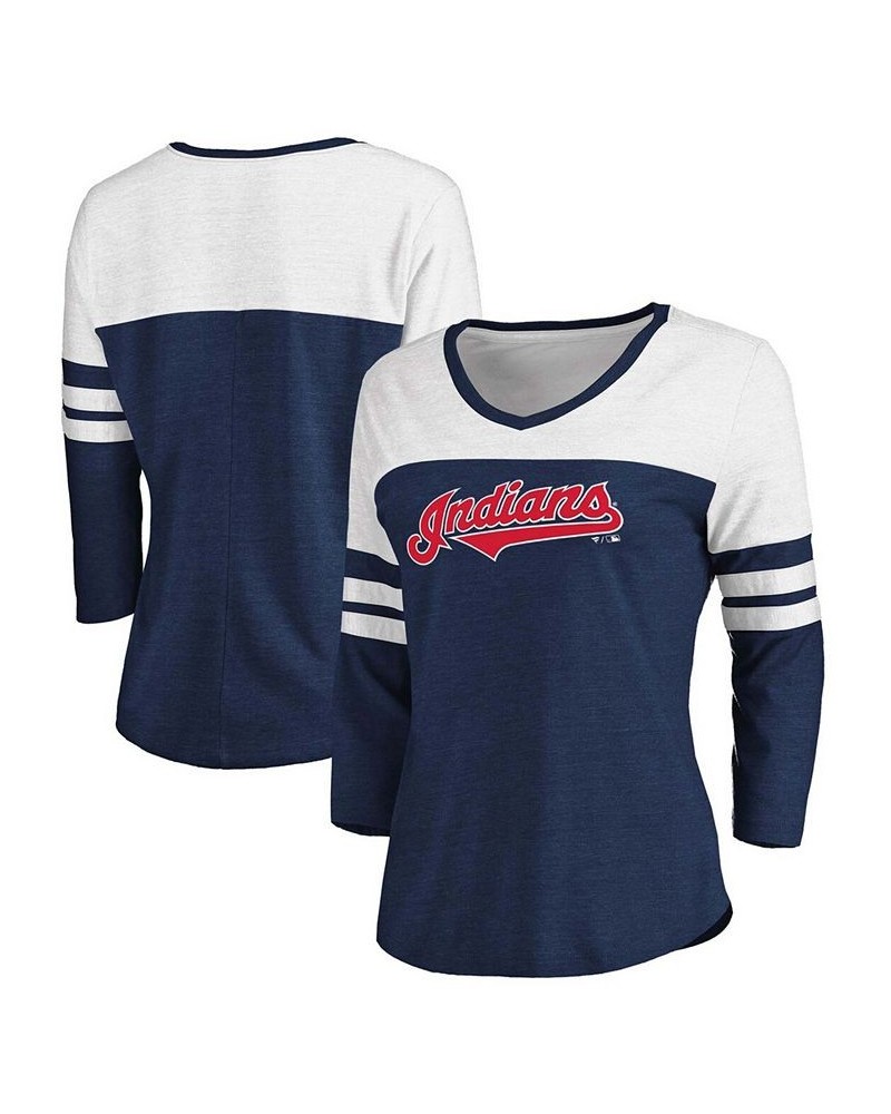 Women's Heathered Navy White Cleveland Indians Official Wordmark 3/4 Sleeve V-Neck Tri-Blend T-shirt Heather Navy $20.50 Tops