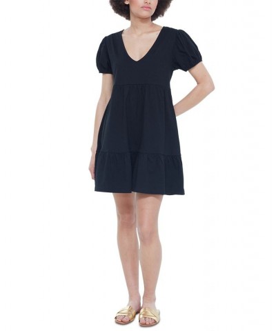 Women's V-Neck Puff-Sleeve Babydoll Dress Black $19.23 Dresses